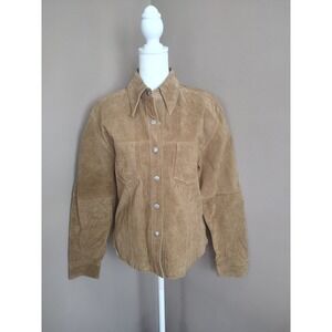 JouJou Tan Suede Leather‎ Shirt Jacket Women Medium Camel Snap Front Shacket